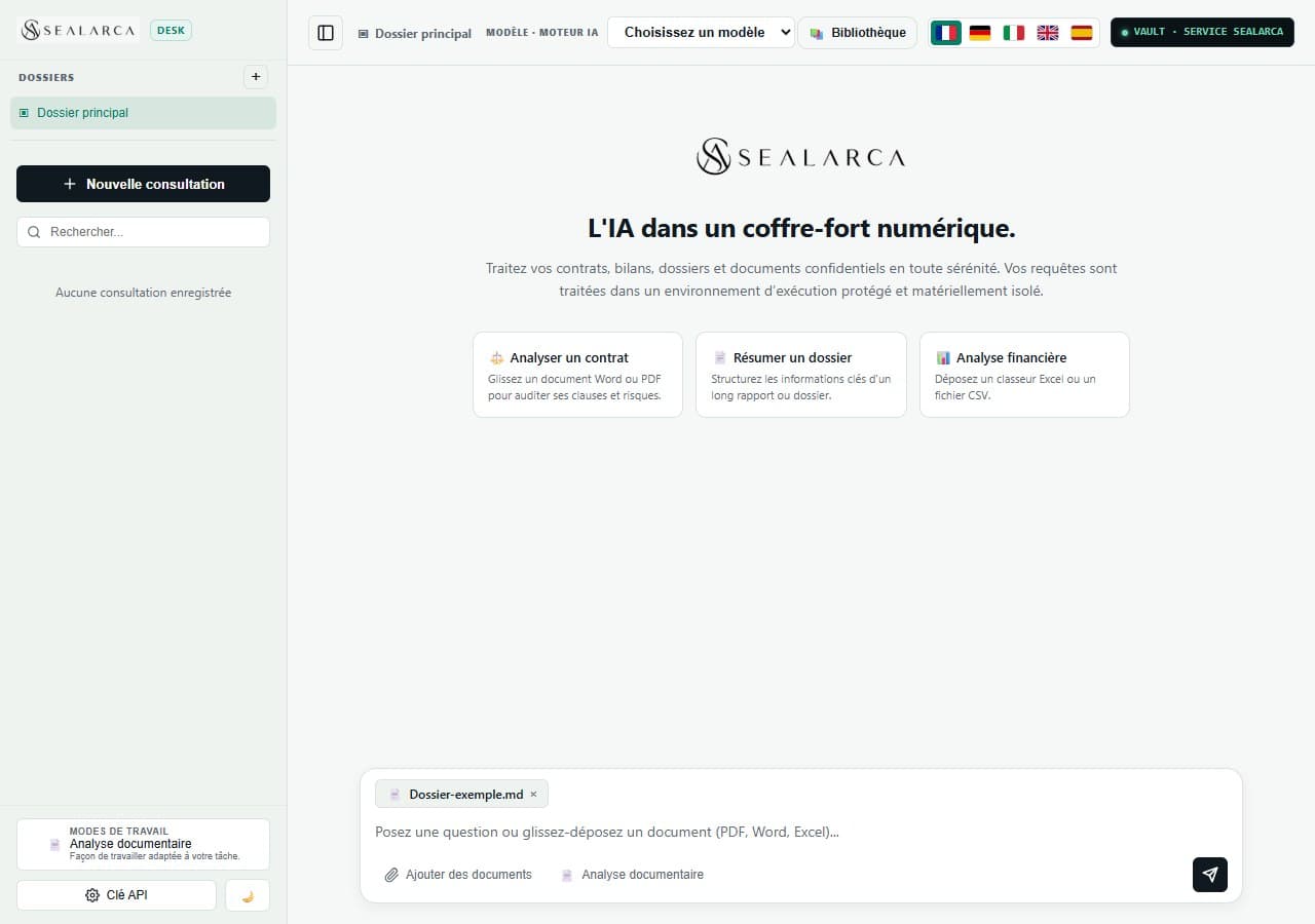 Sealarca Desk welcome screen with folders, work examples and consultation area