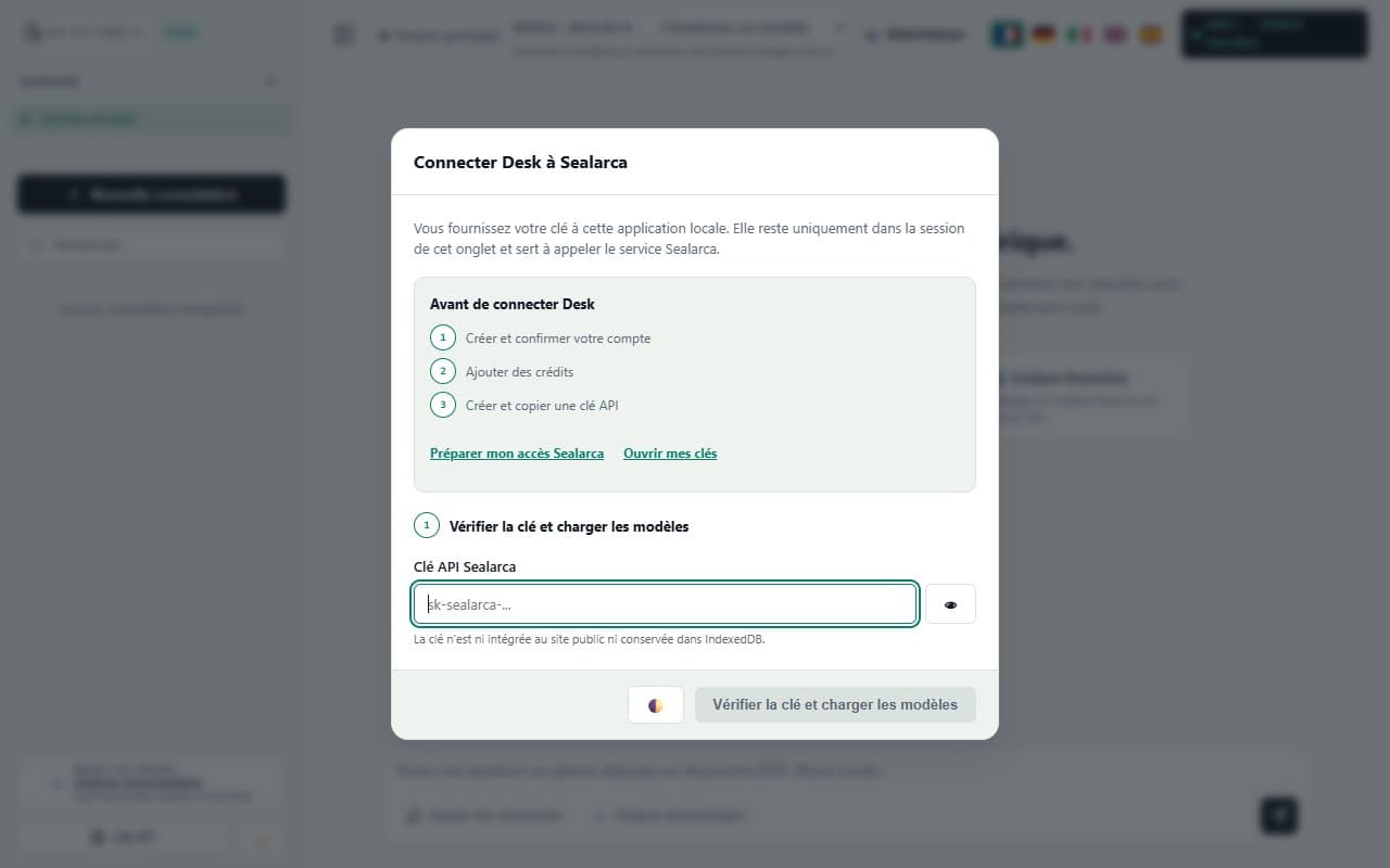 Connecter : collez la clé, vérifiez-la, puis choisissez un modèle disponible. Essayez GLM 5.3 Flash pour un premier essai économique lorsqu’il est proposé.