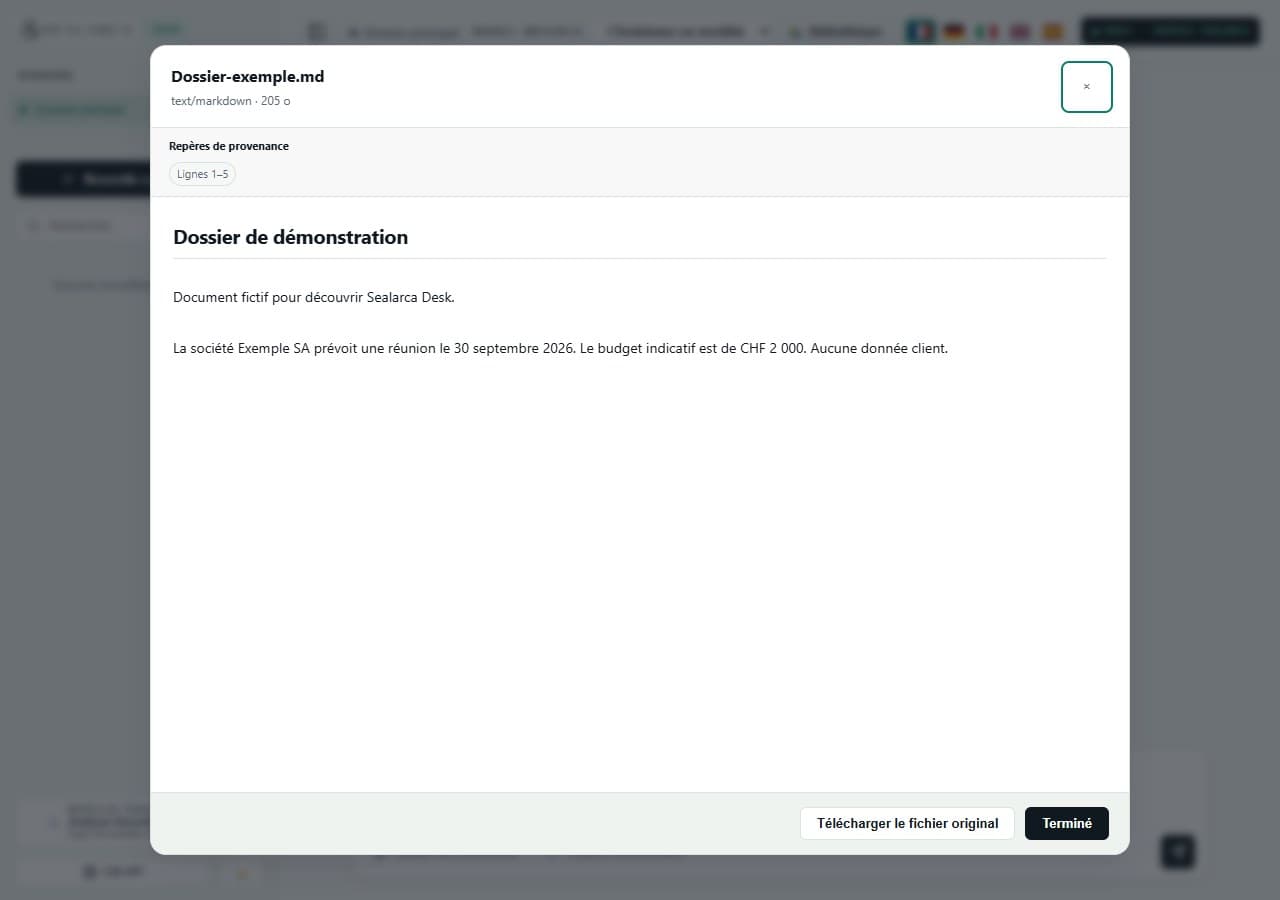 Capture de Sealarca Desk montrant un dossier de travail, un document sélectionné, une question et la réponse obtenue.